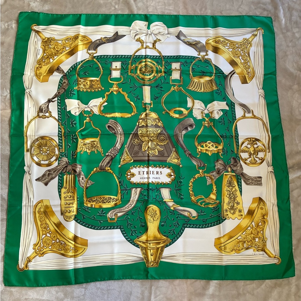 HERMES Rare 60’s Silk Scarf  NWOB Etriers by F de La Perriere Green